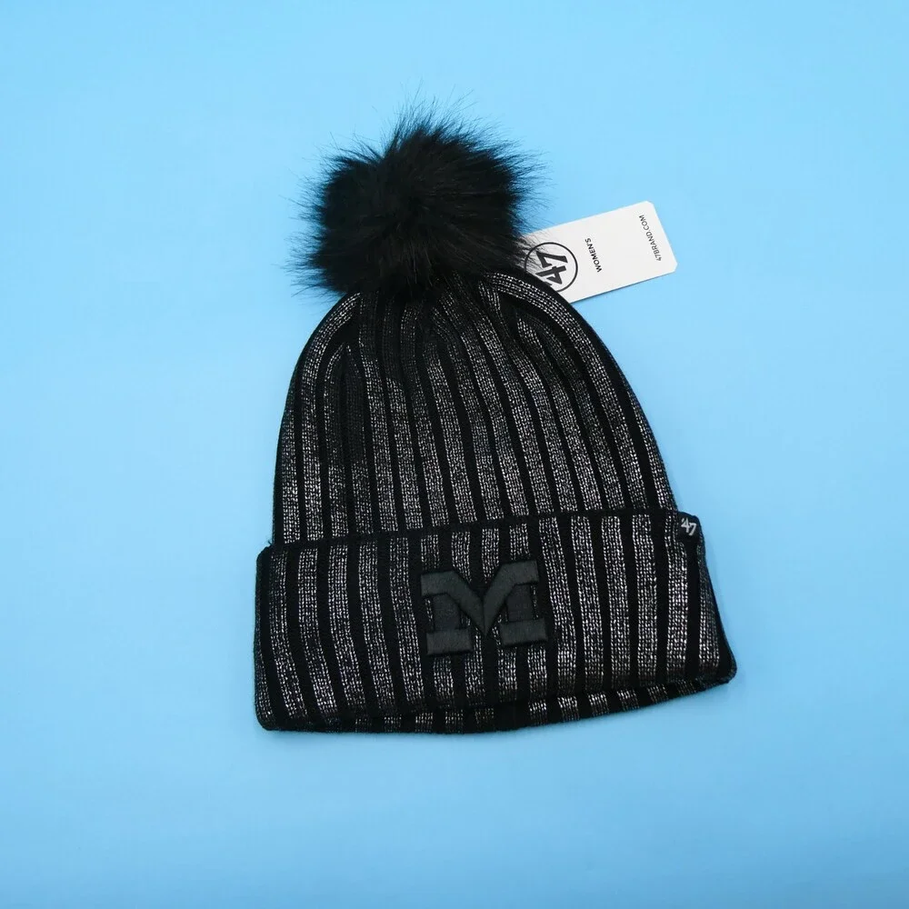 '47 Brand Michigan Wolverines Winter Hat Womens Black Silver Knit Beanie Pom New